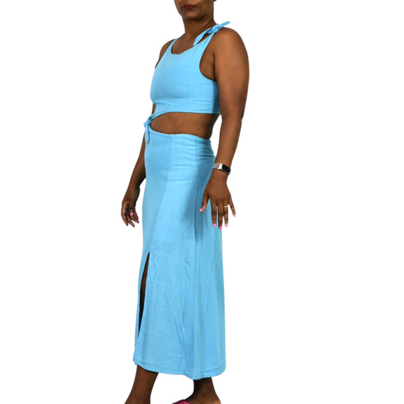 Sundays Tie Shoulder Midi Dress Blue Cutouts Midriff Hemp Slit Two Piece Small - Picture 3 of 12